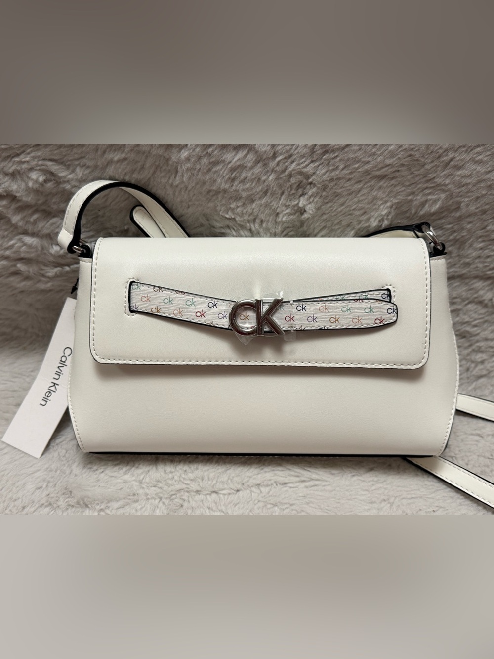 Calvin Klein White Bag with Silver CK Buckle and Multicolor Logo Trim